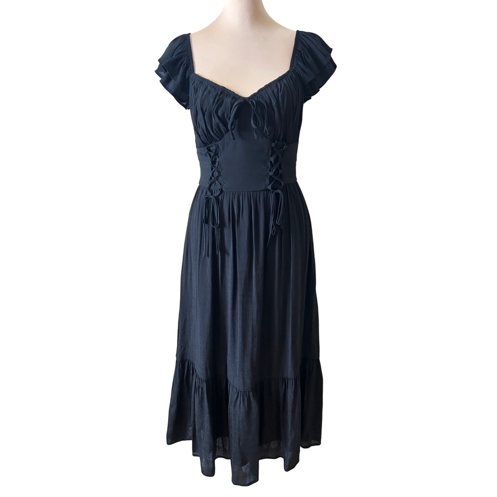 Trixxi Midi Corset Dress Size M Black Lace Up Milkmaid Witchy Goth Vamp Party